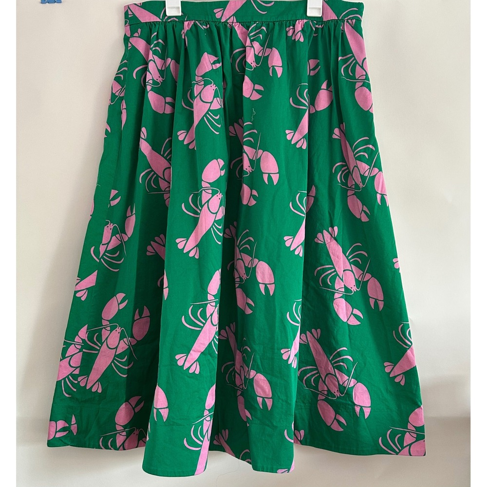 Boden Green Pink Lobster Print Midi Skirt US 16-18R Cotton Blend R0568